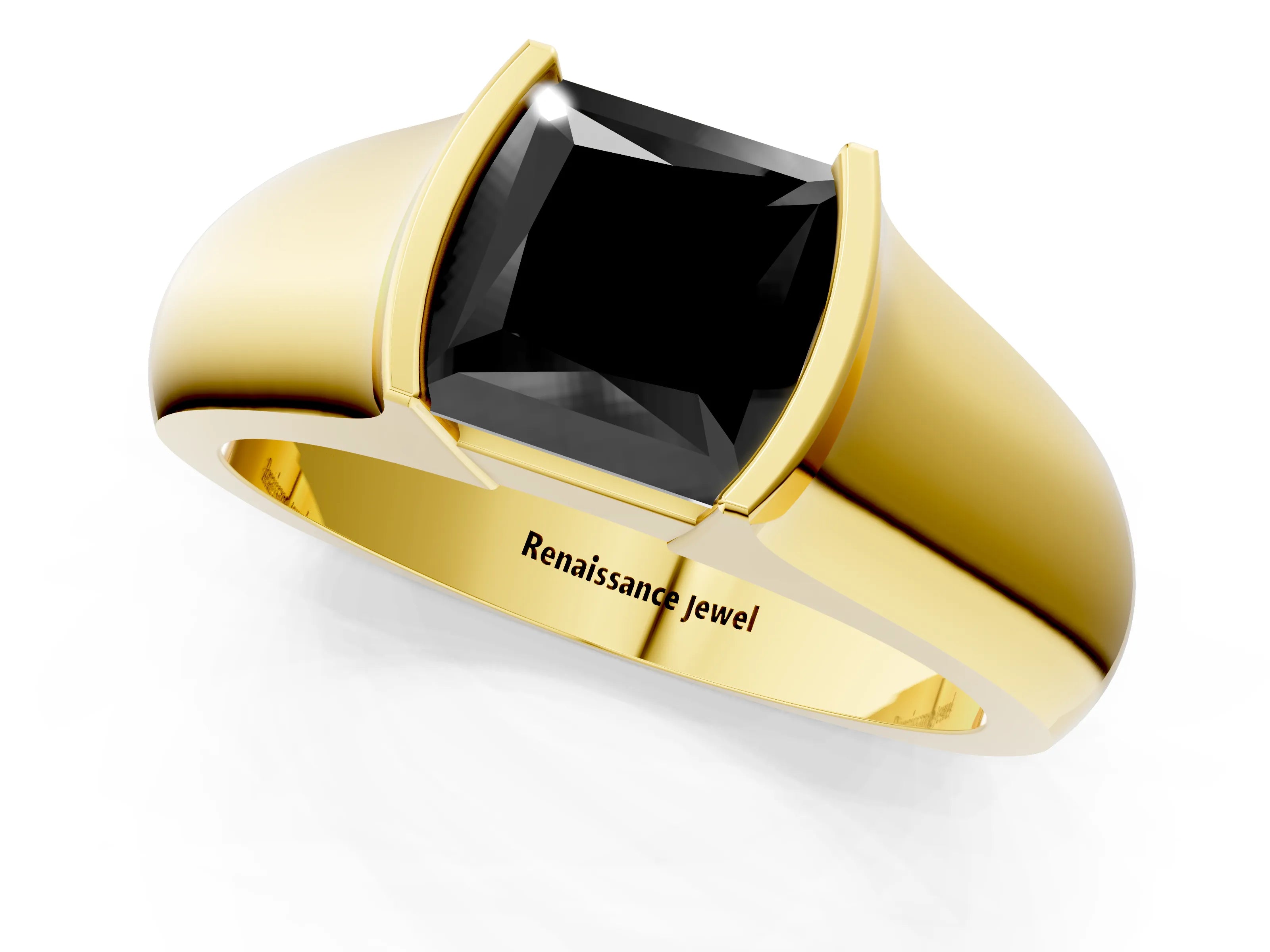 Yellow gold Fancy Black Princess Cut Solitaire Bezel Set Diamond Ring with Wide Band_1