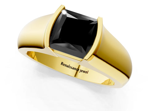 Yellow gold Fancy Black Princess Cut Solitaire Bezel Set Diamond Ring with Wide Band_1