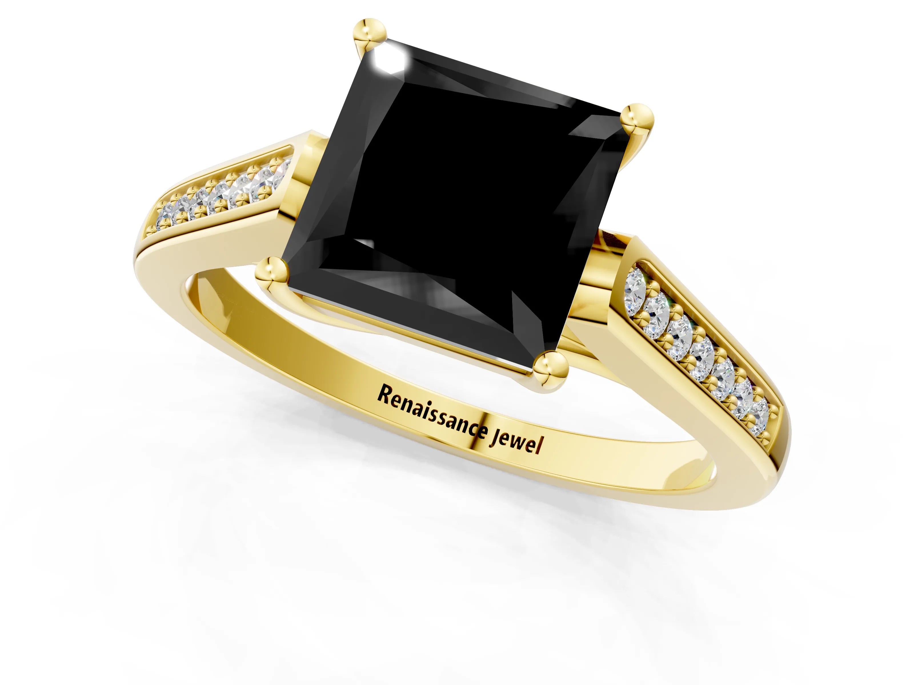 Yellow gold Fancy Black Princess Cut Solitaire Cathedral Diamond Engagement Ring with Channel-Set Band and Four-Prong Setting_4