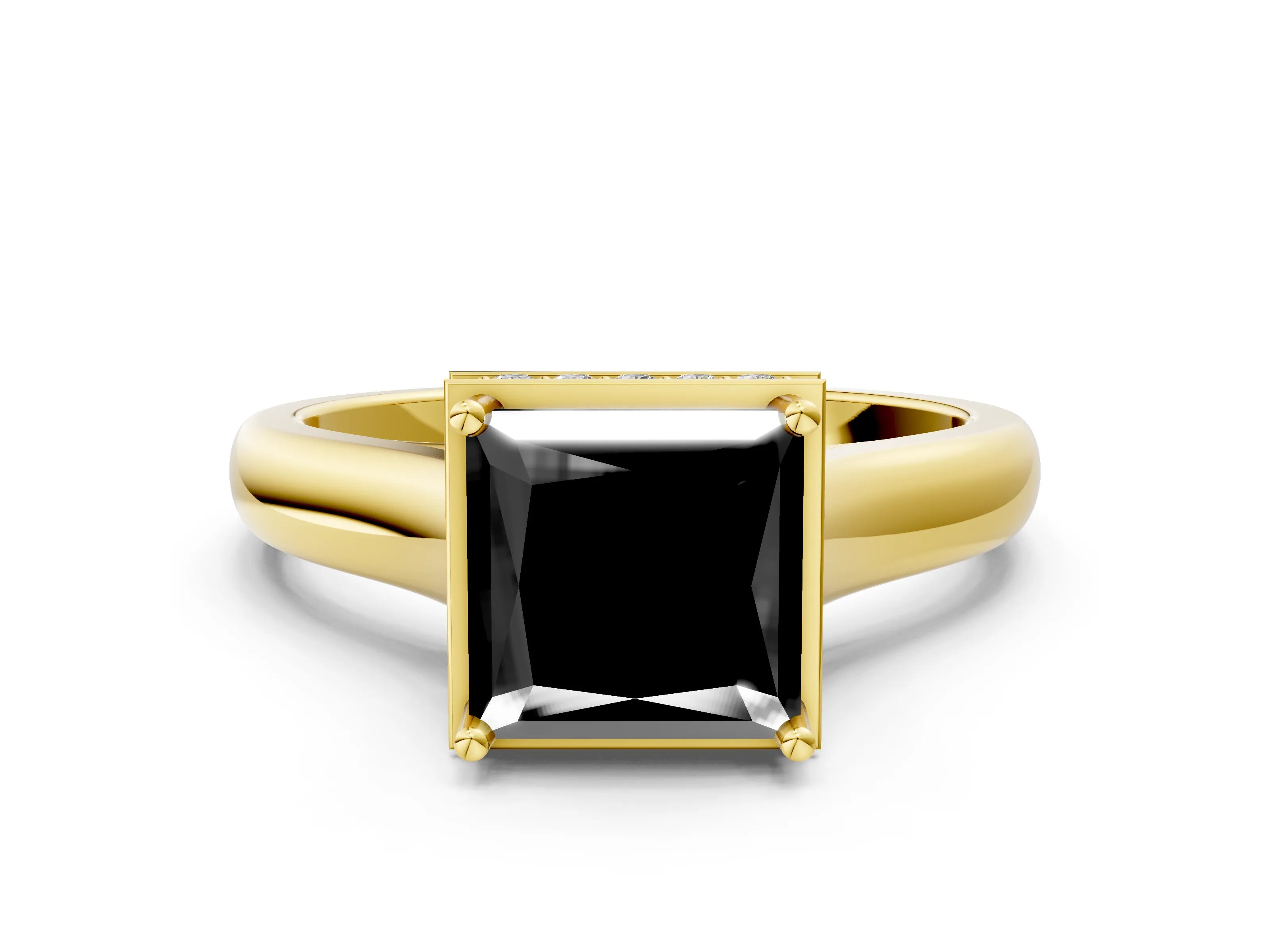 Yellow gold Fancy Black Princess Cut Solitaire Diamond Engagement Ring with Four-Prong Setting and Tapered Band