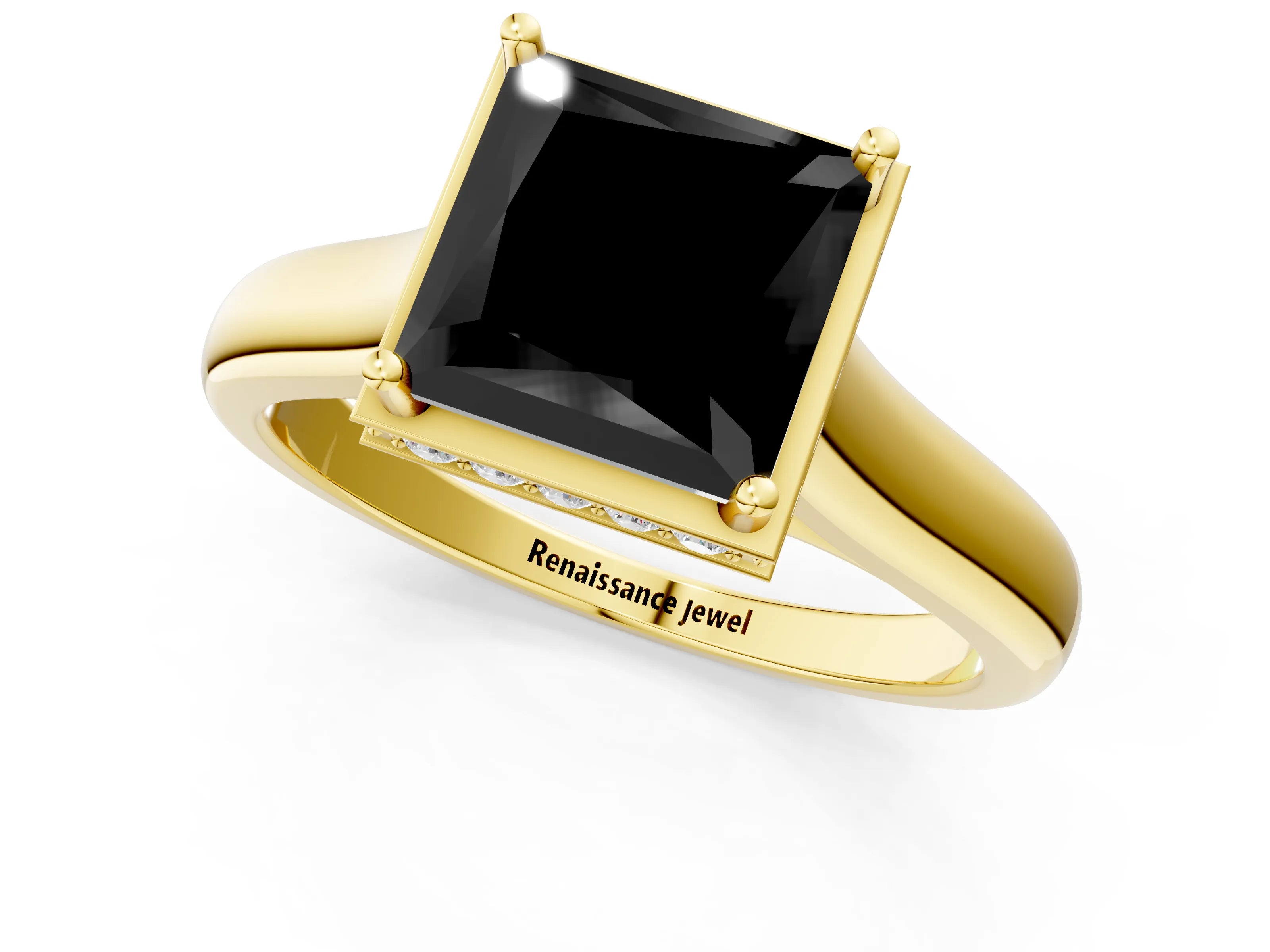 Yellow gold Fancy Black Princess Cut Solitaire Diamond Engagement Ring with Four-Prong Setting and Tapered Band_1