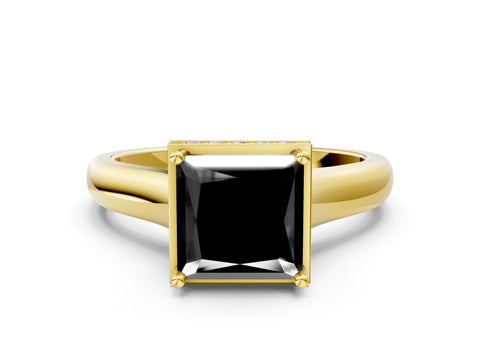 Yellow gold Fancy Black Princess Cut Solitaire Diamond Engagement Ring with Four-Prong Setting and Tapered Band
