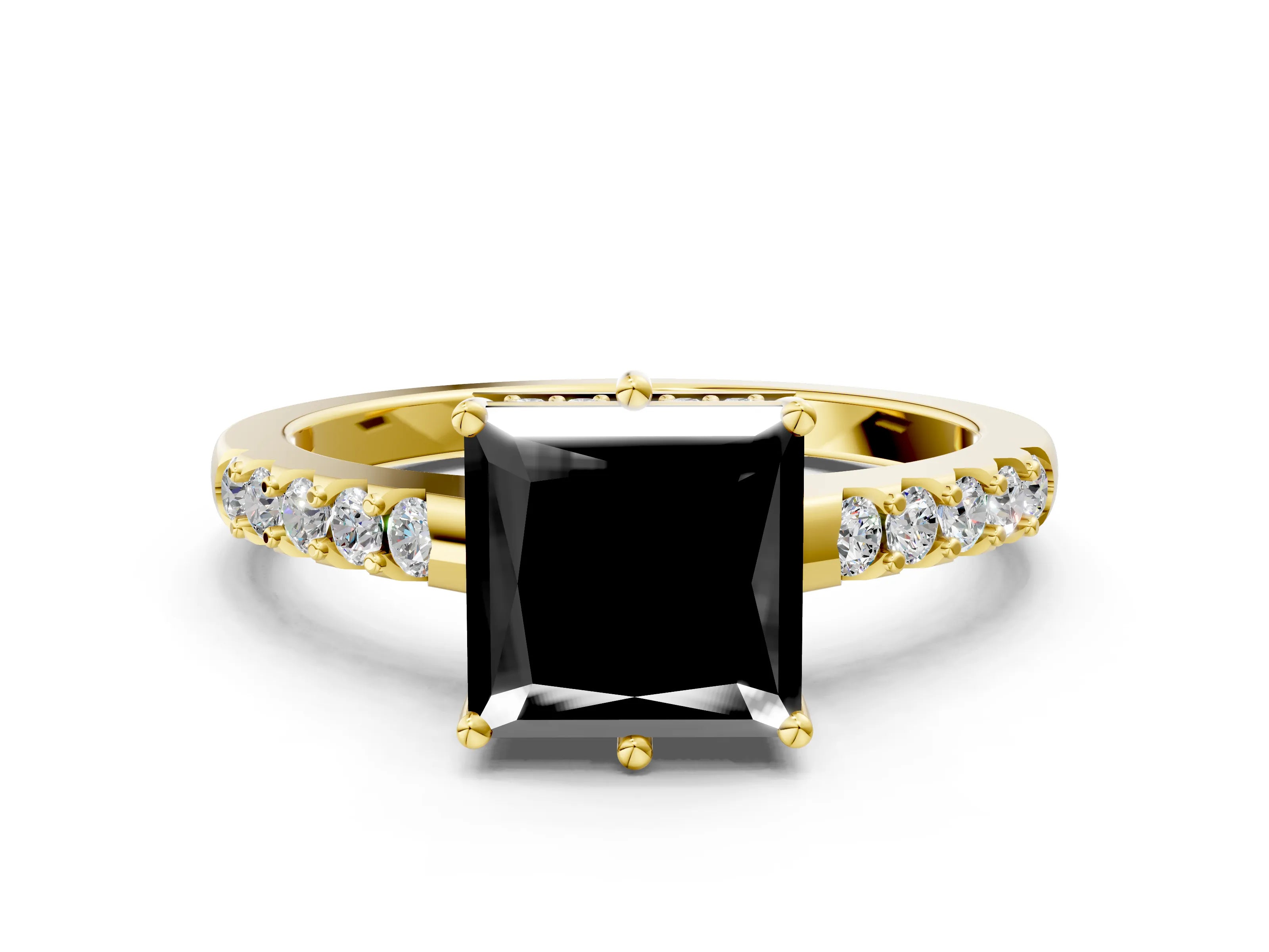 Yellow gold Fancy Black Princess Cut Solitaire Diamond Engagement Ring with Pavé Band and Six-Prong Setting_12