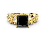 Yellow gold Fancy Black Princess Cut Solitaire Diamond Leaf-Inspired Vine Band Ring with Prong Setting