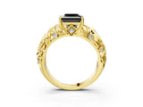 Yellow gold Fancy Black Princess Cut Solitaire Diamond Leaf-Inspired Vine Band Ring with Prong Setting_3