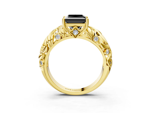 Yellow Gold Princess Cut Leaf Vine Solitaire Engagement Ring Setting for Black Center