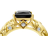 Yellow gold Fancy Black Princess Cut Solitaire Diamond Leaf-Inspired Vine Band Ring with Prong Setting_4