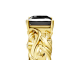 Yellow gold Fancy Black Princess Cut Solitaire Diamond Leaf-Inspired Vine Band Ring with Prong Setting_5