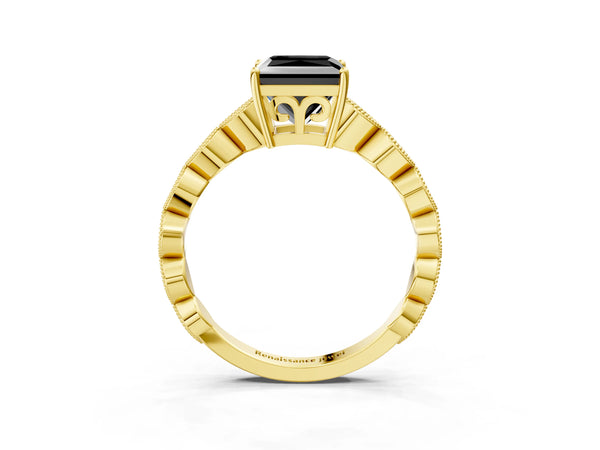 Yellow gold Fancy Black Princess Cut Solitaire Diamond Ring with Infinity Twist Band and Four-Prong Setting