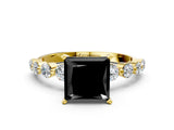 Yellow gold Fancy Black Princess Cut Solitaire Diamond Ring with Pave Band and Four-Prong Setting