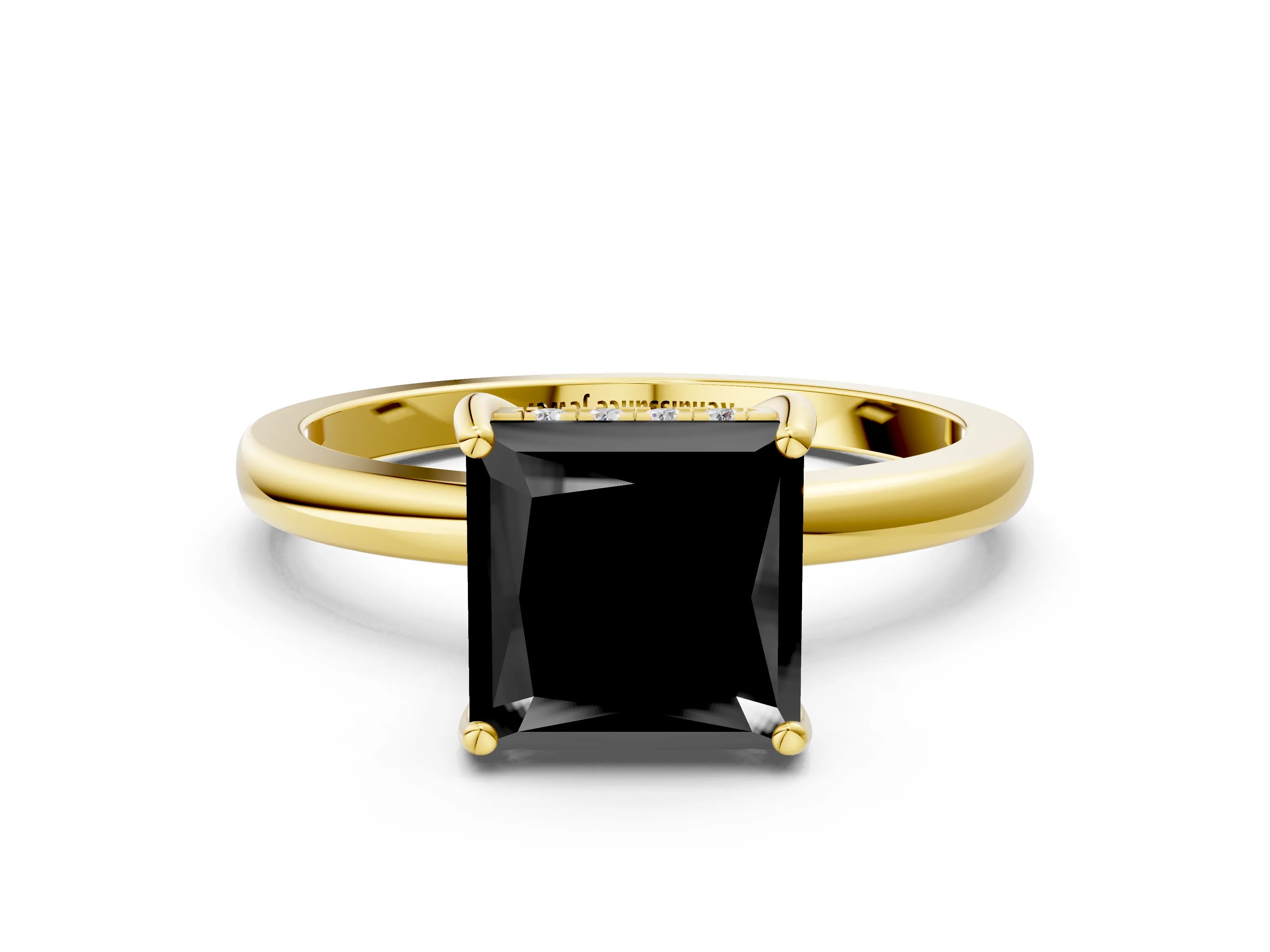 Yellow gold Fancy Black Princess Cut Solitaire Diamond Ring with Prong Setting and Plain Band