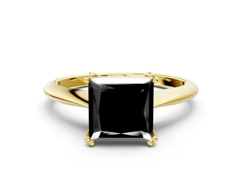 Yellow gold Fancy Black Princess Cut Solitaire Diamond Ring with Six-Prong Setting and Classic Band