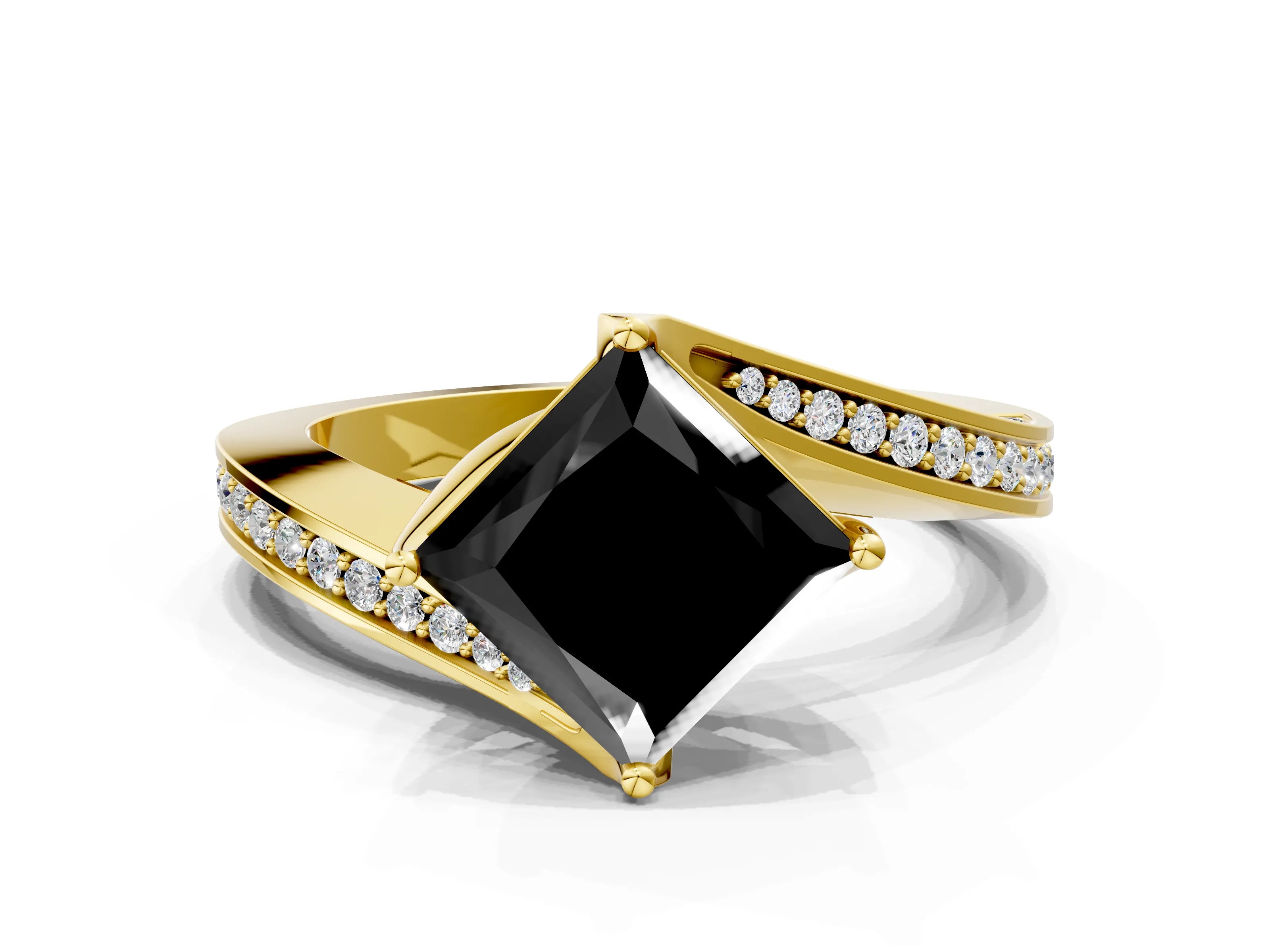 Yellow gold Fancy Black Princess Cut Solitaire Diamond Twist Band with Pavé Setting and Four-Prong Setting