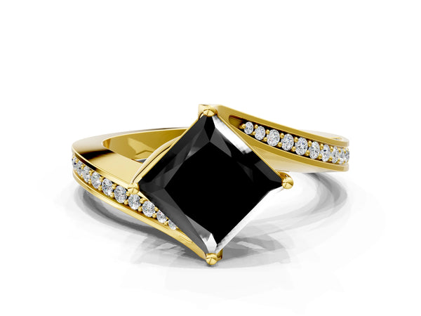 Yellow Gold Princess Cut Swirl Bypass Pave Engagement Ring Setting for Black Center