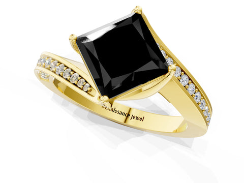 Yellow gold Fancy Black Princess Cut Solitaire Diamond Twist Band with Pavé Setting and Four-Prong Setting_1