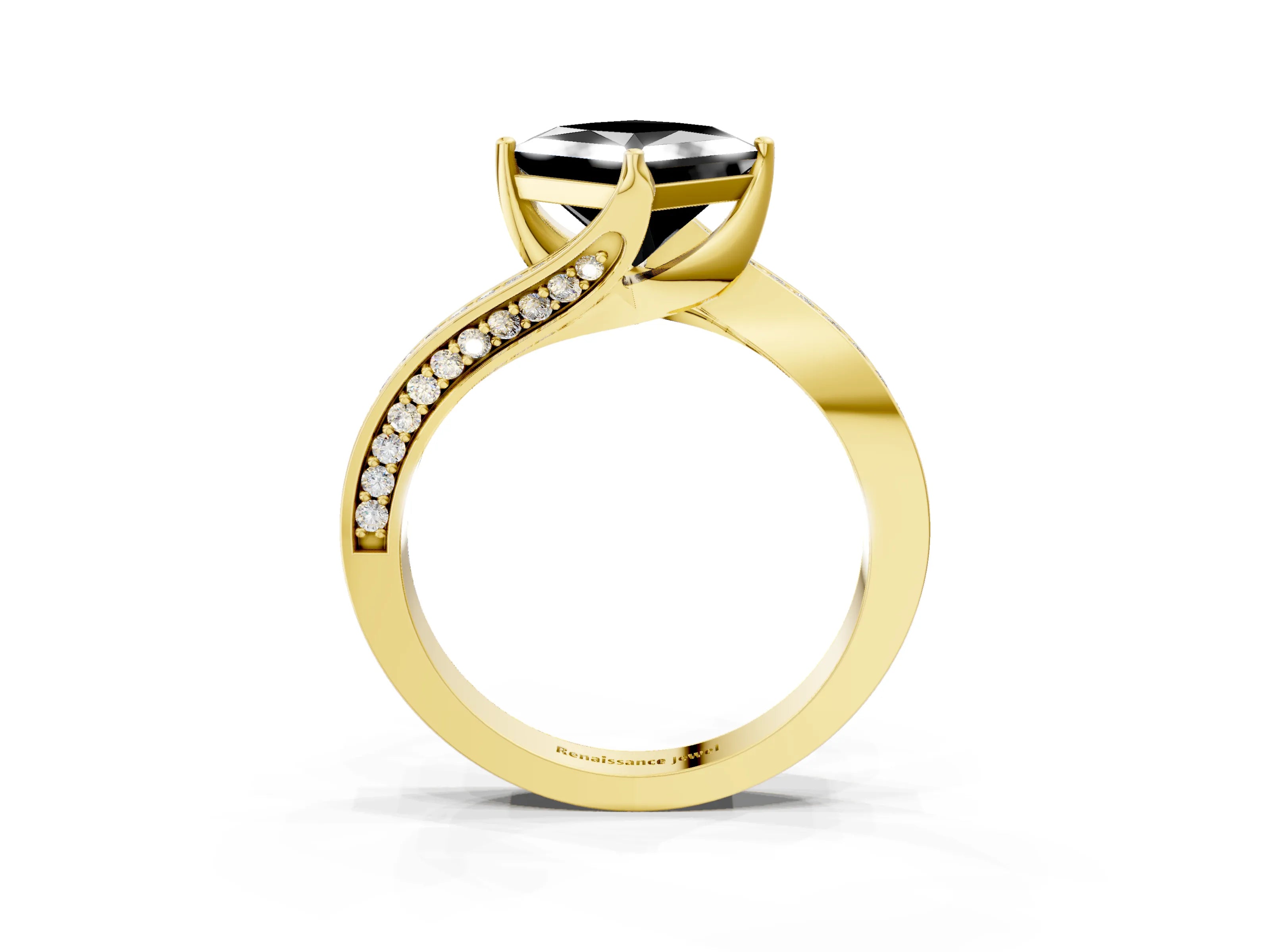 Yellow gold Fancy Black Princess Cut Solitaire Diamond Twist Band with Pavé Setting and Four-Prong Setting_3