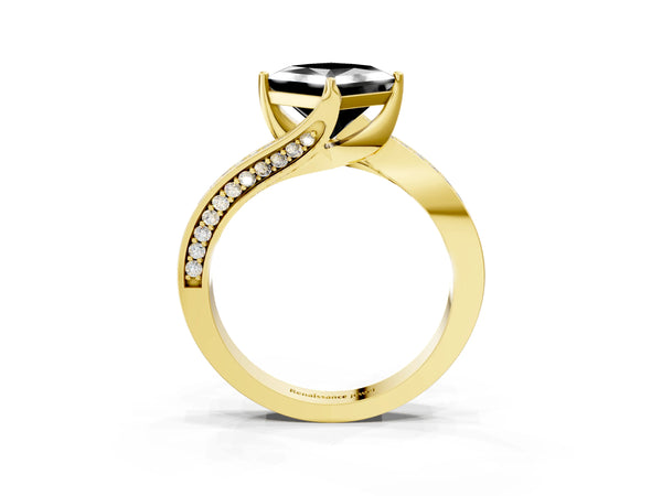 Yellow Gold Princess Cut Swirl Bypass Pave Engagement Ring Setting for Black Center