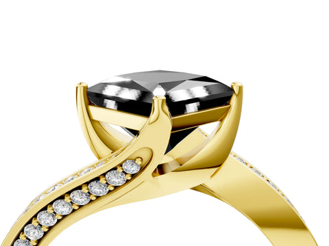 Yellow gold Fancy Black Princess Cut Solitaire Diamond Twist Band with Pavé Setting and Four-Prong Setting_4
