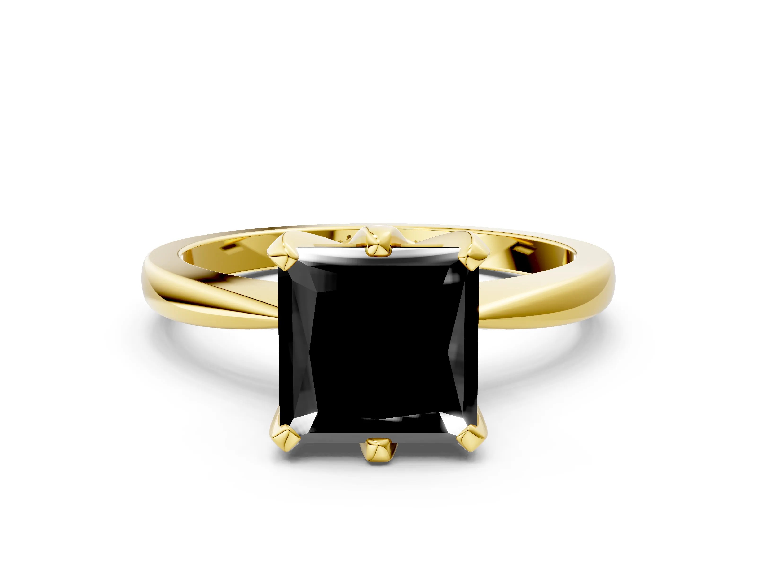 Yellow gold Fancy Black Princess Cut Solitaire Engagement Ring with Six-Prong Setting and Tapered Band