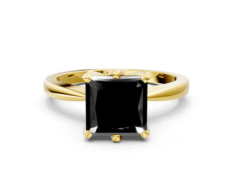 Yellow gold Fancy Black Princess Cut Solitaire Engagement Ring with Six-Prong Setting and Tapered Band