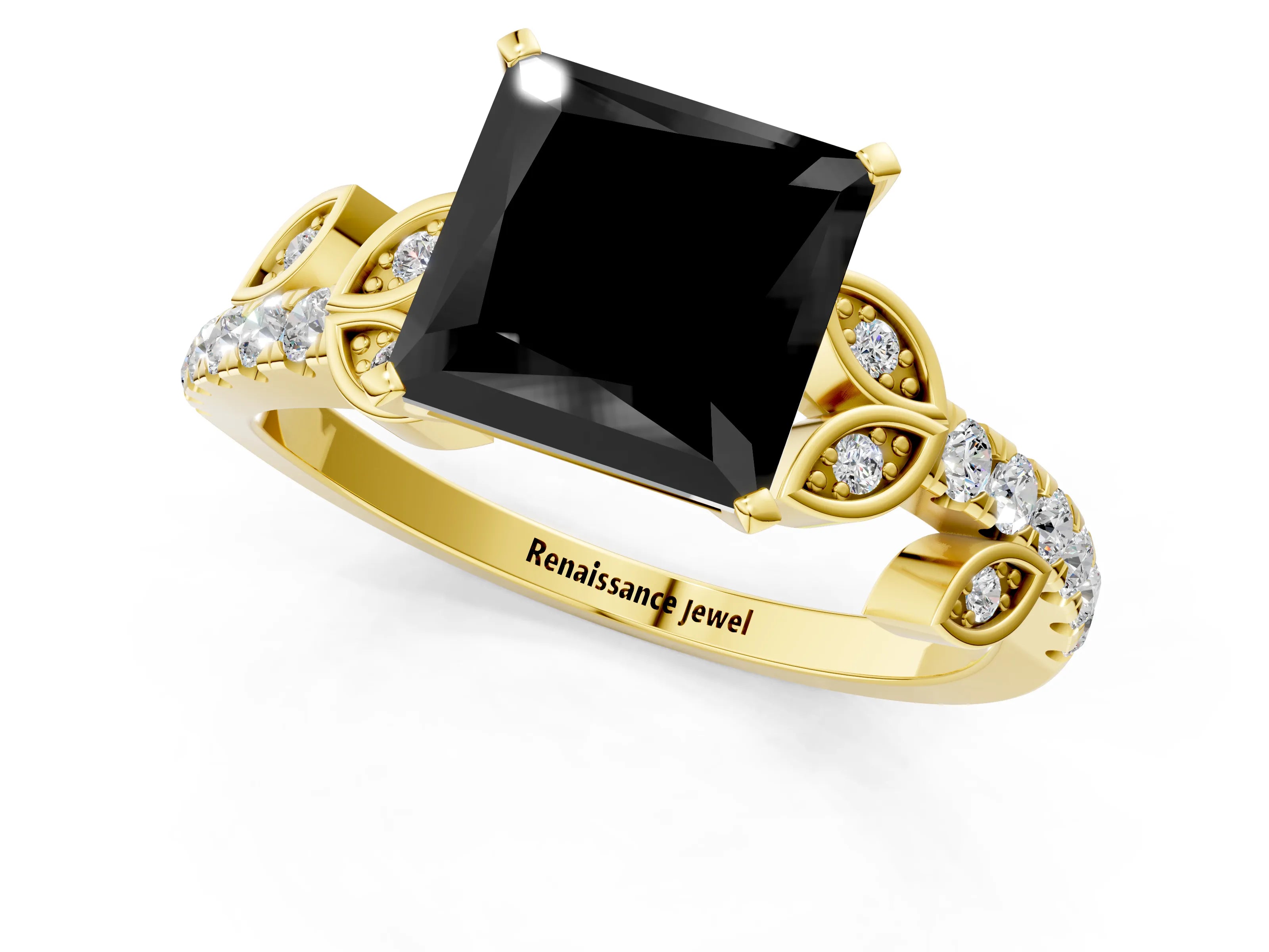 Yellow gold Fancy Black Princess Cut Solitaire Leaf-Inspired Diamond Ring with Pavé Band and Four-Prong Setting_1