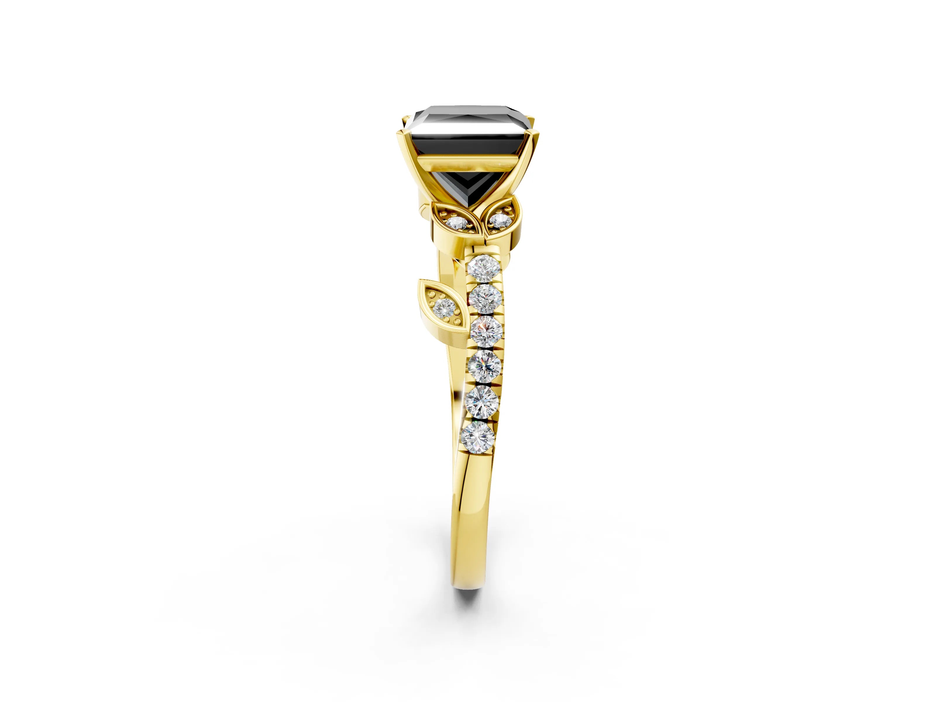 Yellow gold Fancy Black Princess Cut Solitaire Leaf-Inspired Diamond Ring with Pavé Band and Four-Prong Setting_2