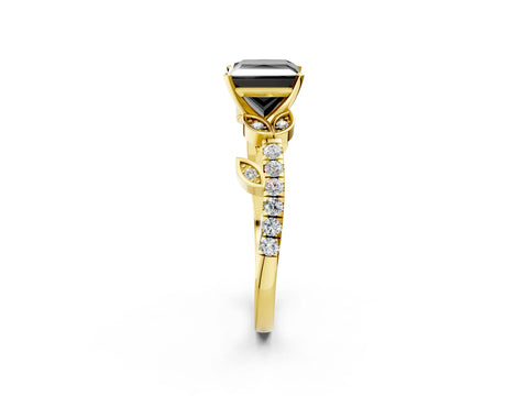 Yellow gold Fancy Black Princess Cut Solitaire Leaf-Inspired Diamond Ring with Pavé Band and Four-Prong Setting_2