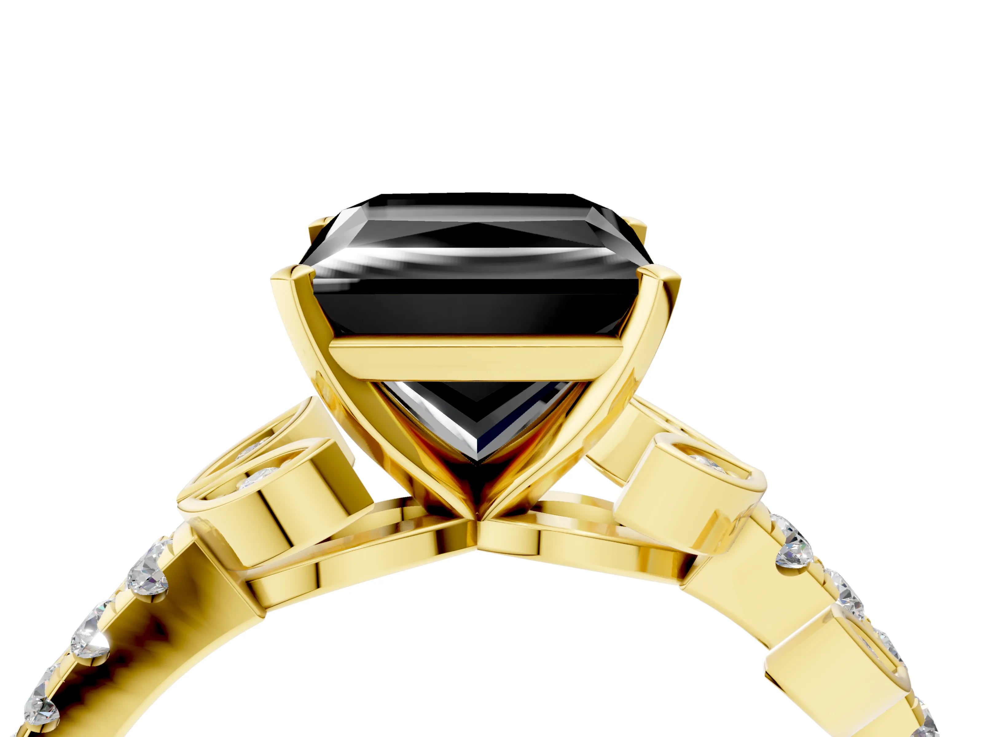 Yellow gold Fancy Black Princess Cut Solitaire Leaf-Inspired Diamond Ring with Pavé Band and Four-Prong Setting_4