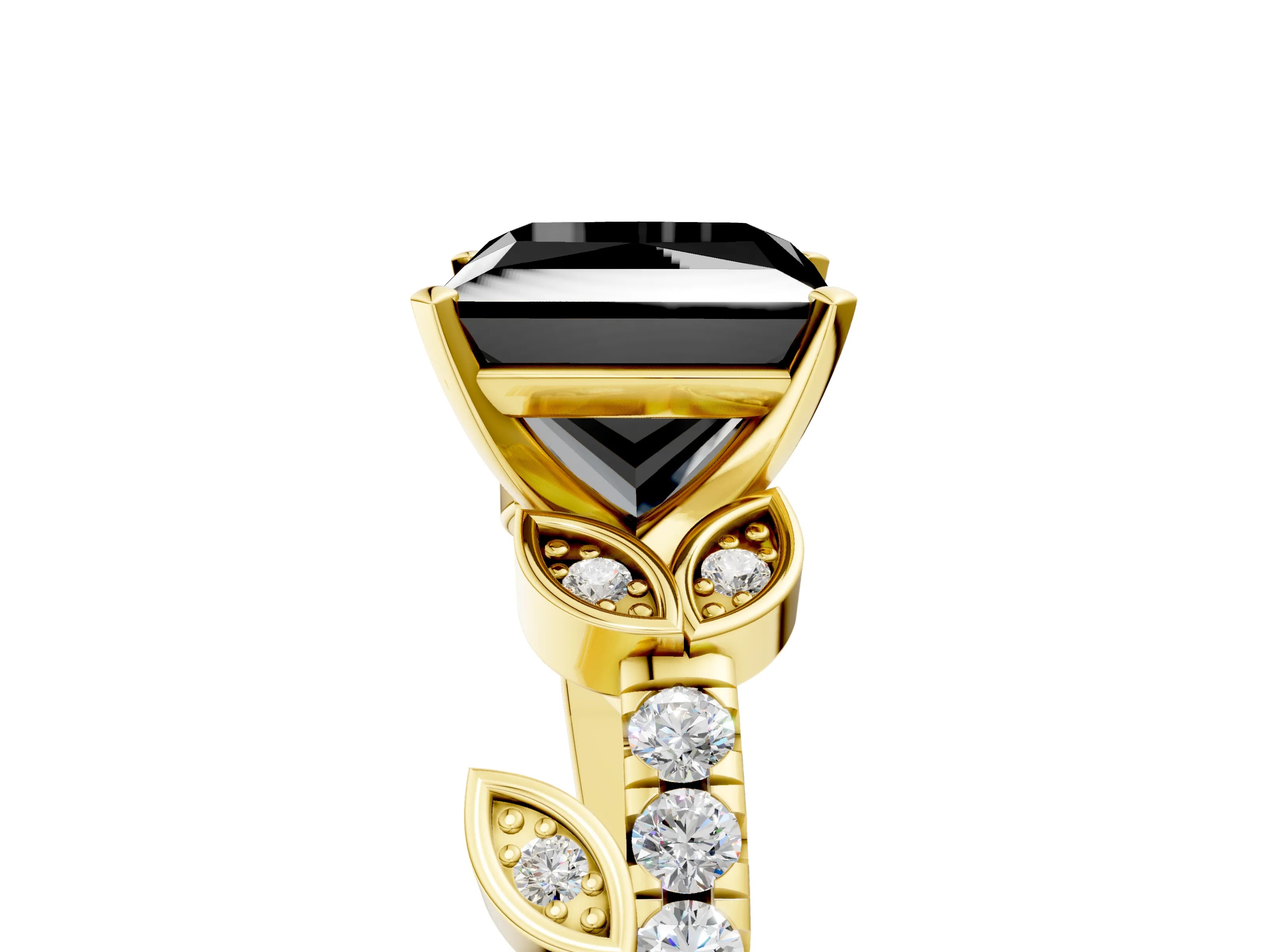 Yellow gold Fancy Black Princess Cut Solitaire Leaf-Inspired Diamond Ring with Pavé Band and Four-Prong Setting_5
