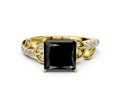 Yellow gold Fancy Black Princess Cut Solitaire Leaf-Inspired Diamond Ring with Pavé Band and Four-Prong Setting