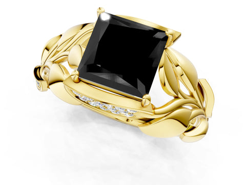 Yellow gold Fancy Black Princess Cut Solitaire Leaf-Inspired Engagement Ring with Prong Setting_1