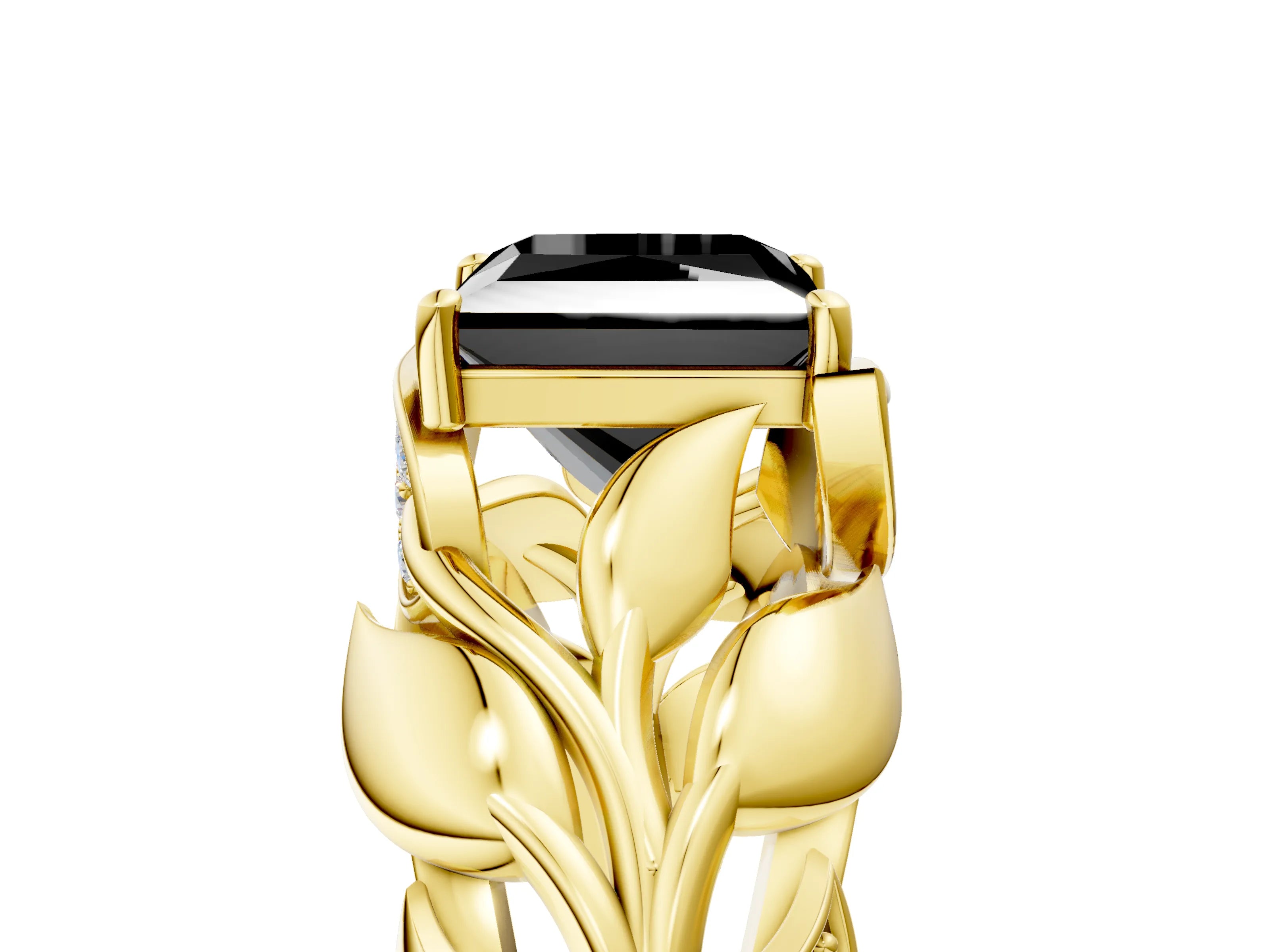 Yellow gold Fancy Black Princess Cut Solitaire Leaf-Inspired Engagement Ring with Prong Setting_5