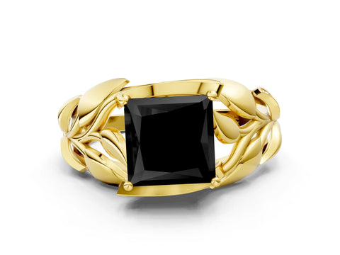 Yellow gold Fancy Black Princess Cut Solitaire Leaf-Inspired Engagement Ring with Prong Setting