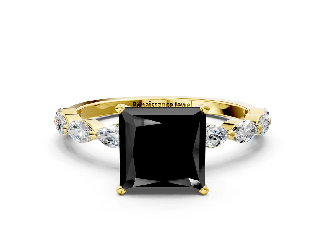 Yellow gold Fancy Black Princess Cut Solitaire Marquise Side Stone Prong Setting Ring
