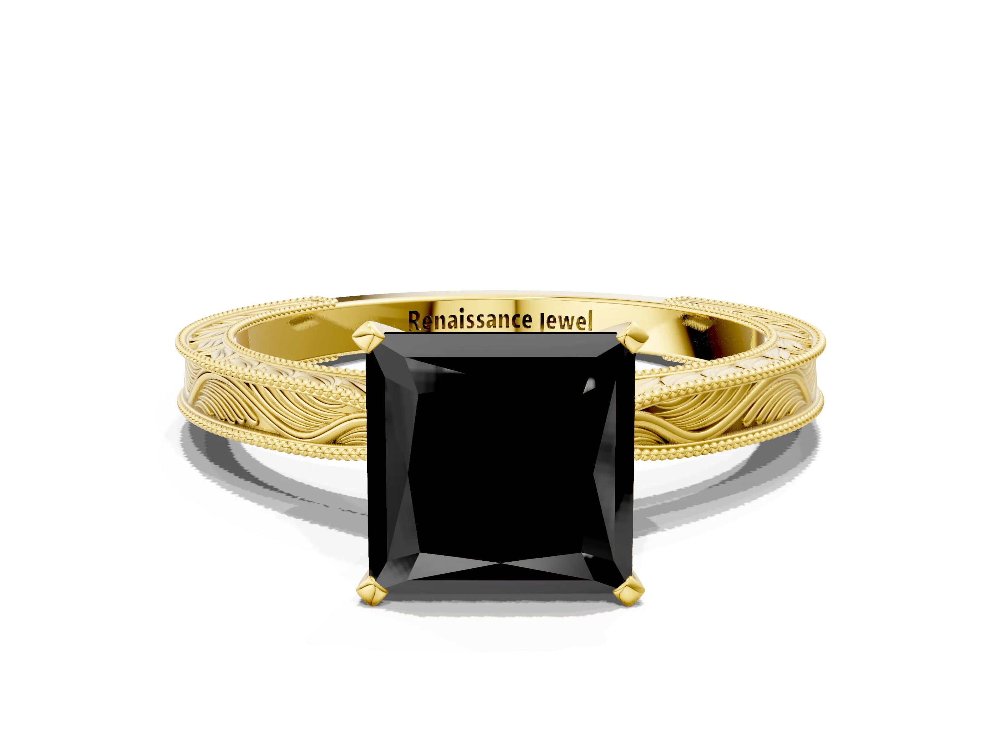 Yellow gold Fancy Black Princess Cut Solitaire Milgrain Engraved Band with Four-Prong Setting