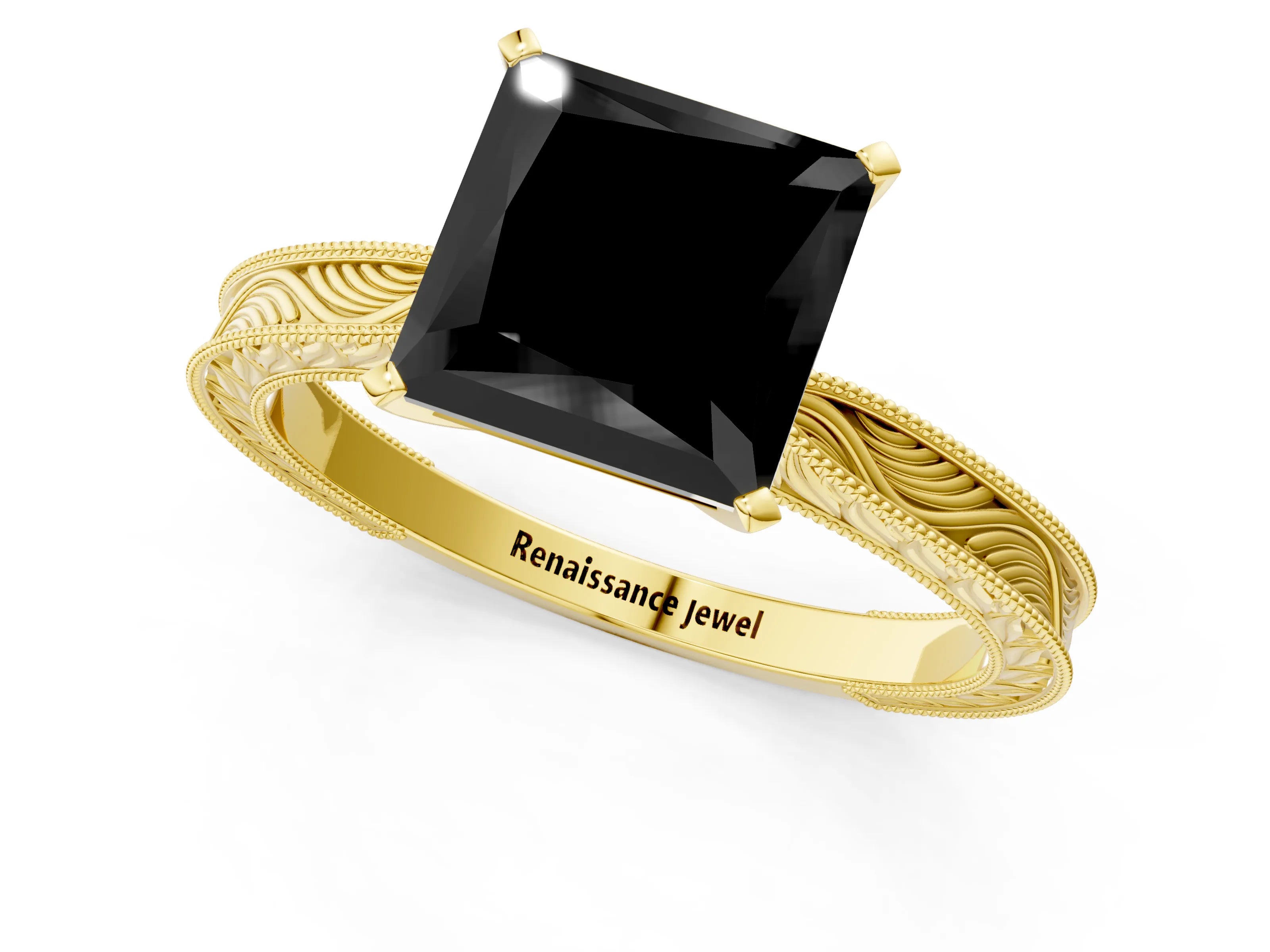 Yellow gold Fancy Black Princess Cut Solitaire Milgrain Engraved Band with Four-Prong Setting_1