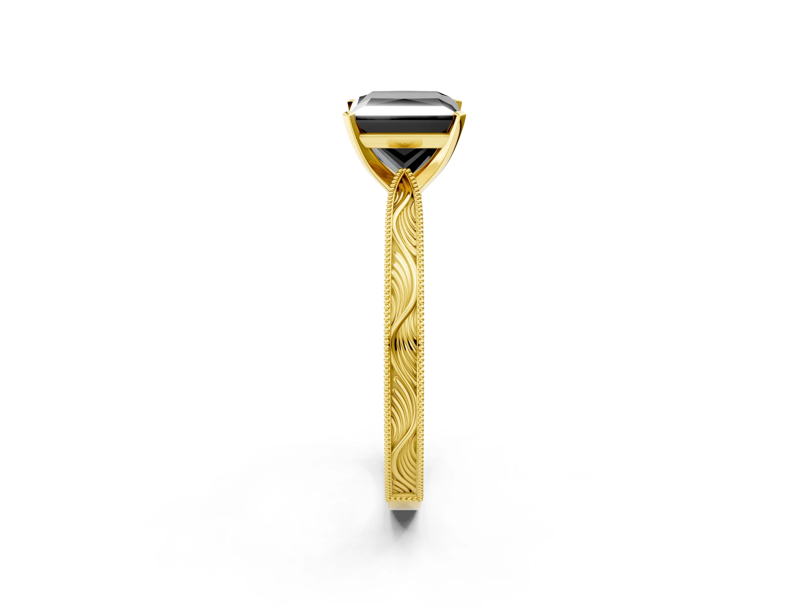 Yellow gold Fancy Black Princess Cut Solitaire Milgrain Engraved Band with Four-Prong Setting_2