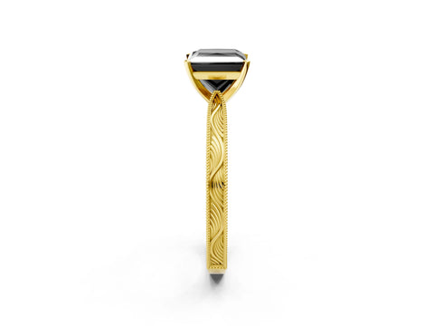 Yellow gold Fancy Black Princess Cut Solitaire Milgrain Engraved Band with Four-Prong Setting_2