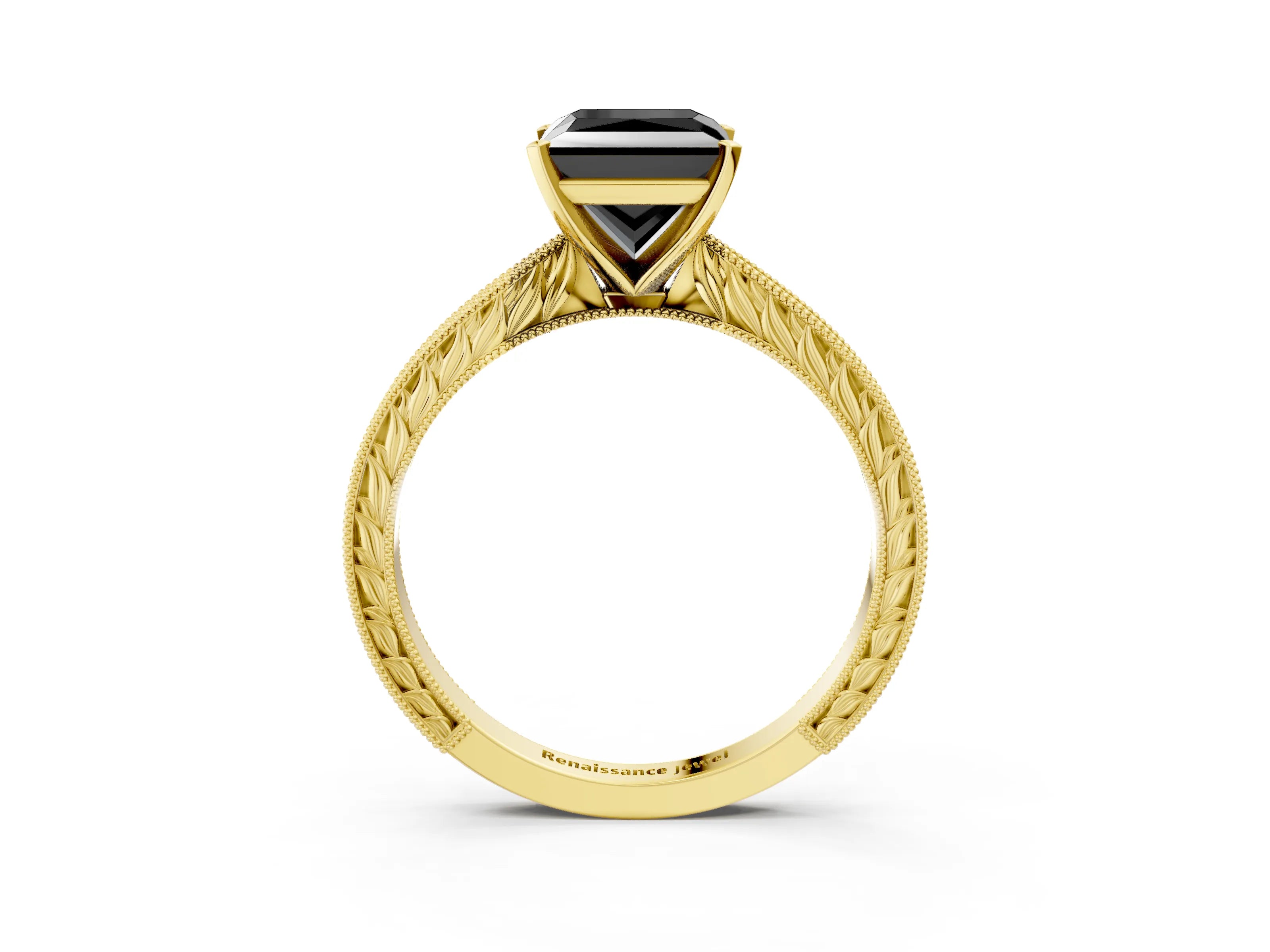 Yellow gold Fancy Black Princess Cut Solitaire Milgrain Engraved Band with Four-Prong Setting_3