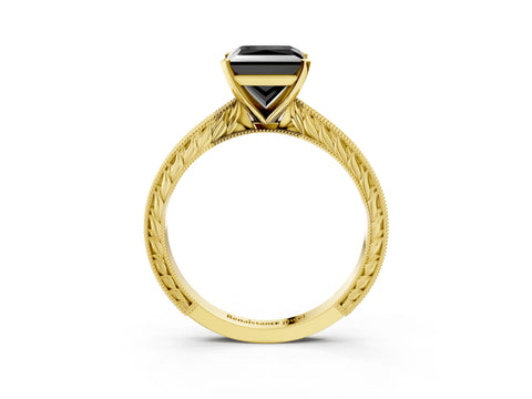 Yellow gold Fancy Black Princess Cut Solitaire Milgrain Engraved Band with Four-Prong Setting_3