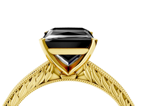 Yellow gold Fancy Black Princess Cut Solitaire Milgrain Engraved Band with Four-Prong Setting_4