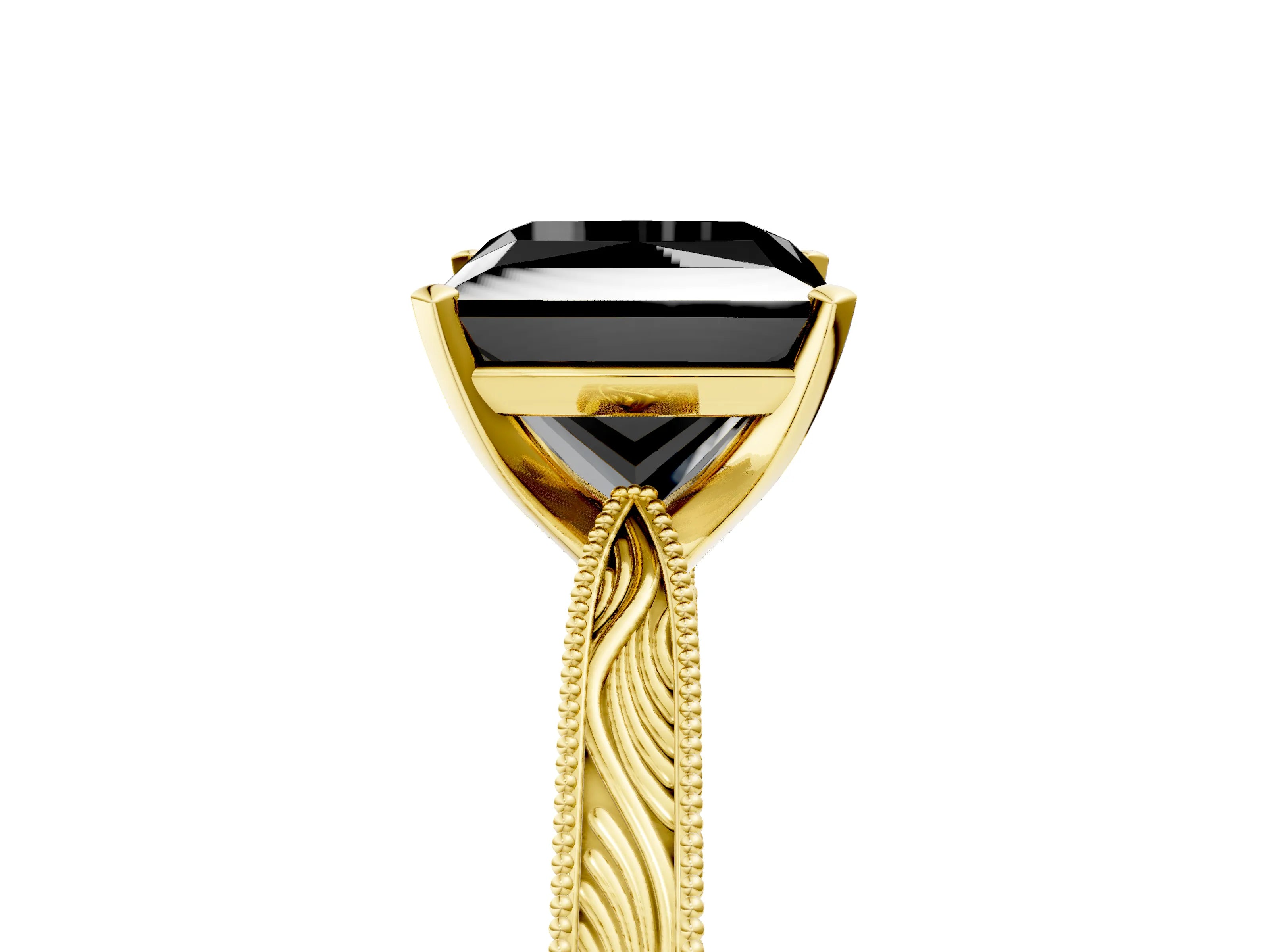 Yellow gold Fancy Black Princess Cut Solitaire Milgrain Engraved Band with Four-Prong Setting_5