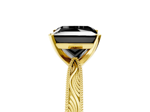 Yellow gold Fancy Black Princess Cut Solitaire Milgrain Engraved Band with Four-Prong Setting_5