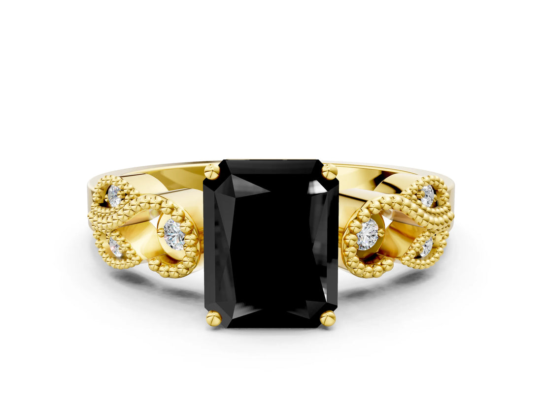 Yellow gold Fancy Black Princess Cut Solitaire Milgrain Leaf Band with Prong Setting