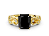 Yellow gold Fancy Black Princess Cut Solitaire Milgrain Leaf Band with Prong Setting