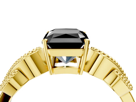 Yellow gold Fancy Black Princess Cut Solitaire Milgrain Leaf Band with Prong Setting_4