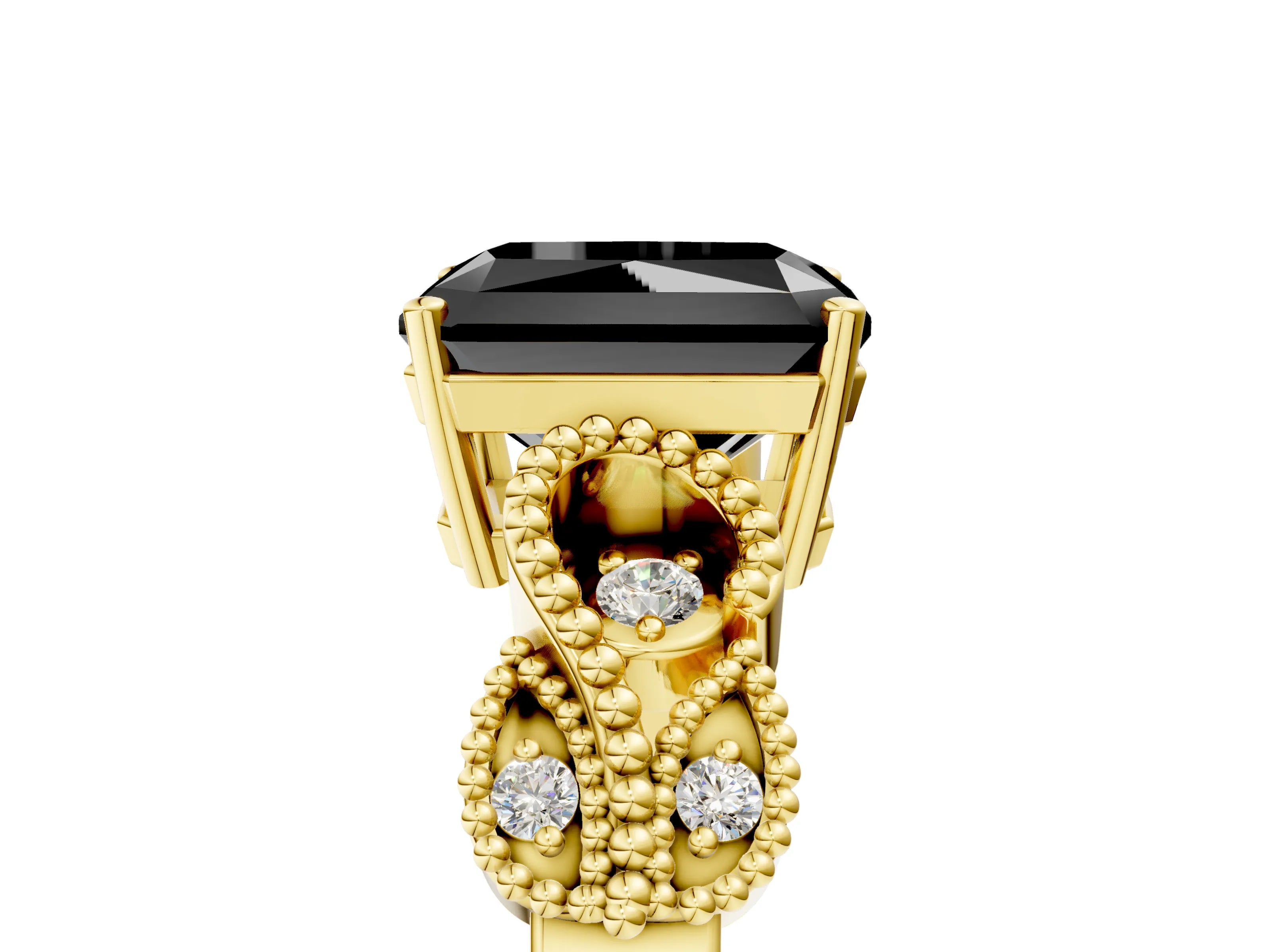 Yellow gold Fancy Black Princess Cut Solitaire Milgrain Leaf Band with Prong Setting_5