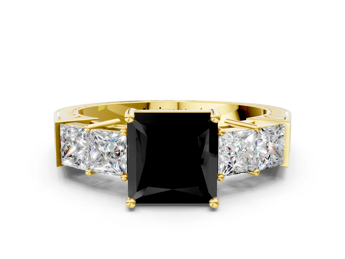 Yellow gold Fancy Black Princess Cut Solitaire Princess Side Stone Engraved Band Prong Setting Ring