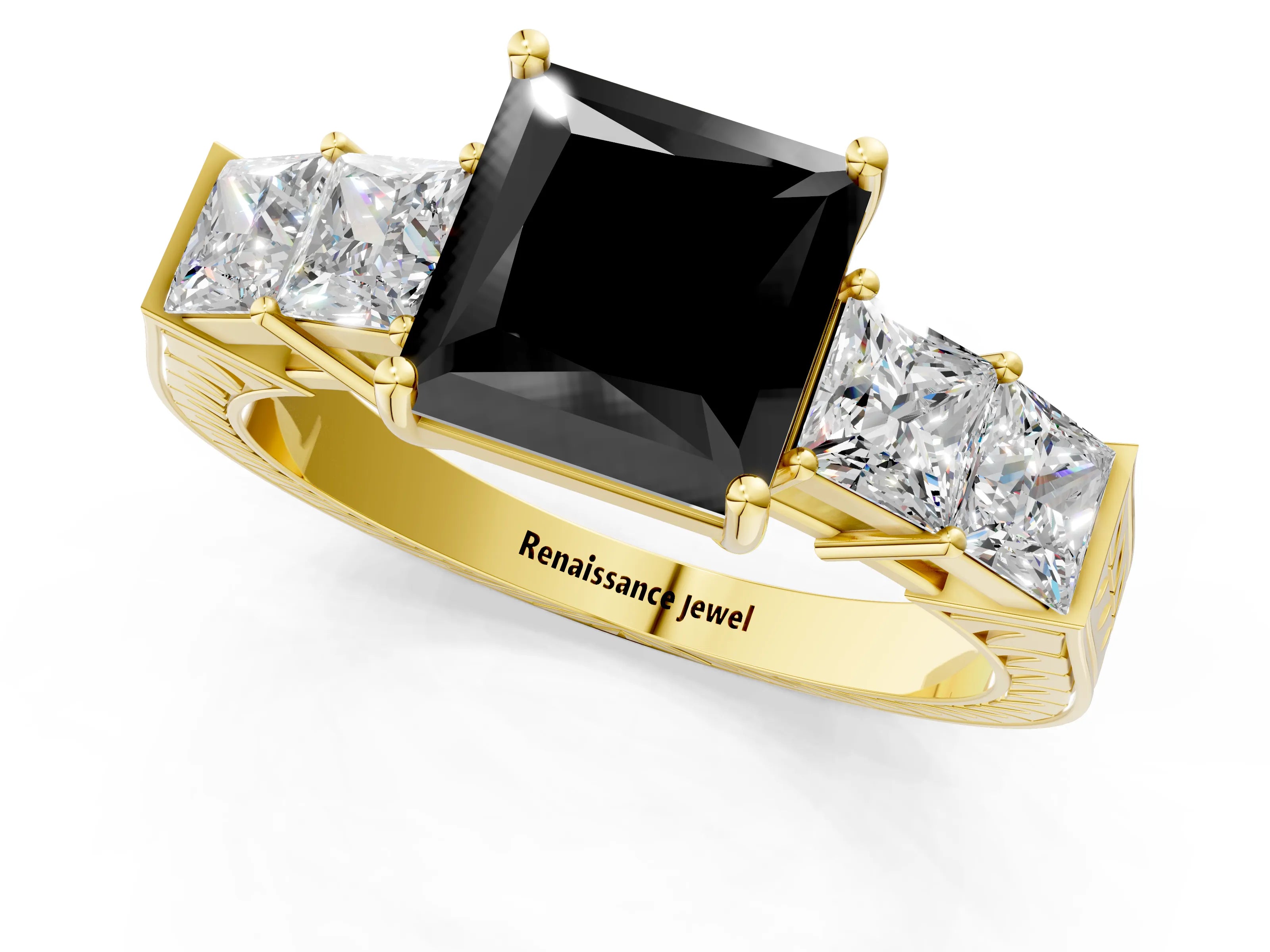 Yellow gold Fancy Black Princess Cut Solitaire Princess Side Stone Engraved Band Prong Setting Ring_1