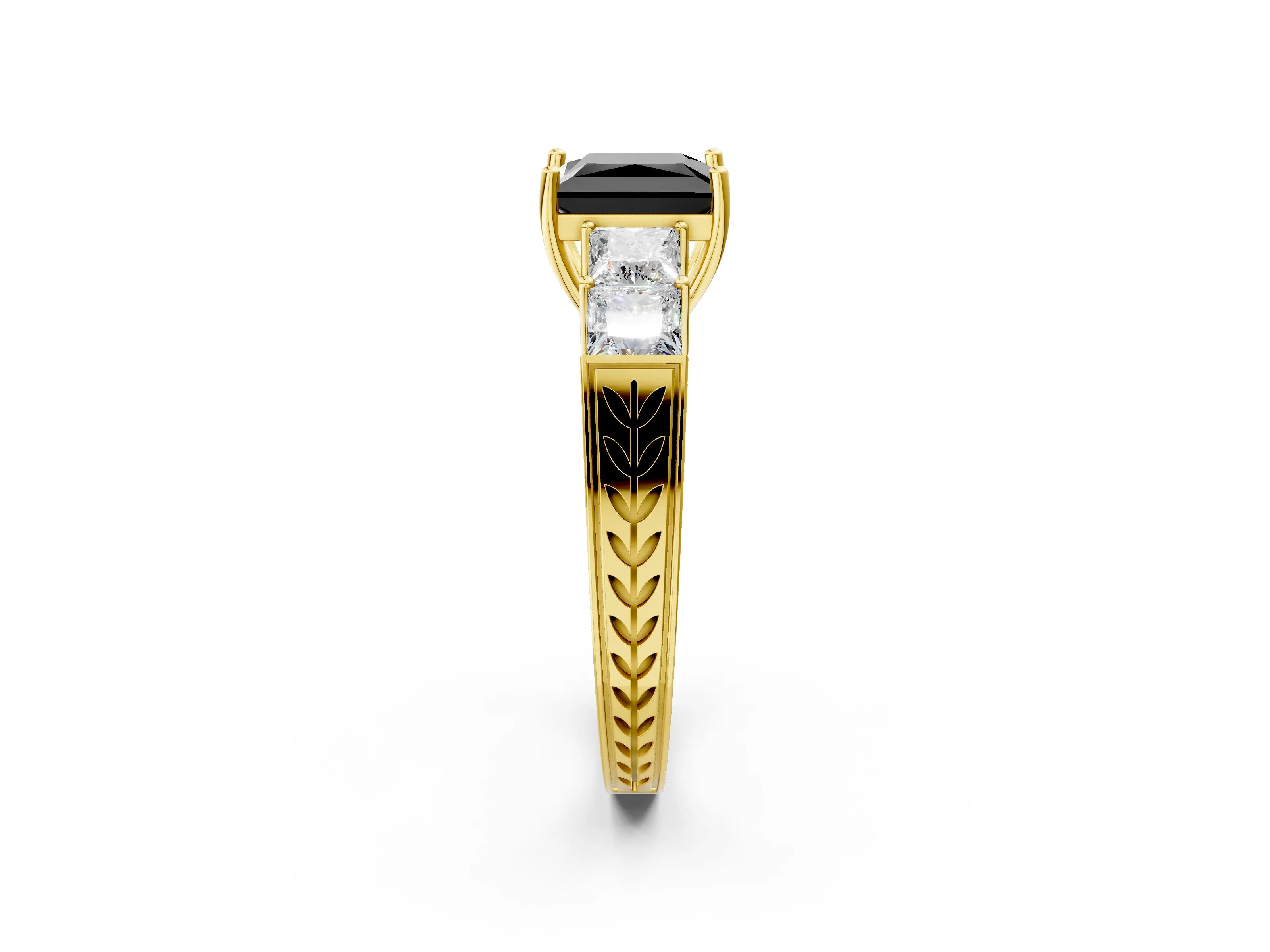 Yellow gold Fancy Black Princess Cut Solitaire Princess Side Stone Engraved Band Prong Setting Ring_2